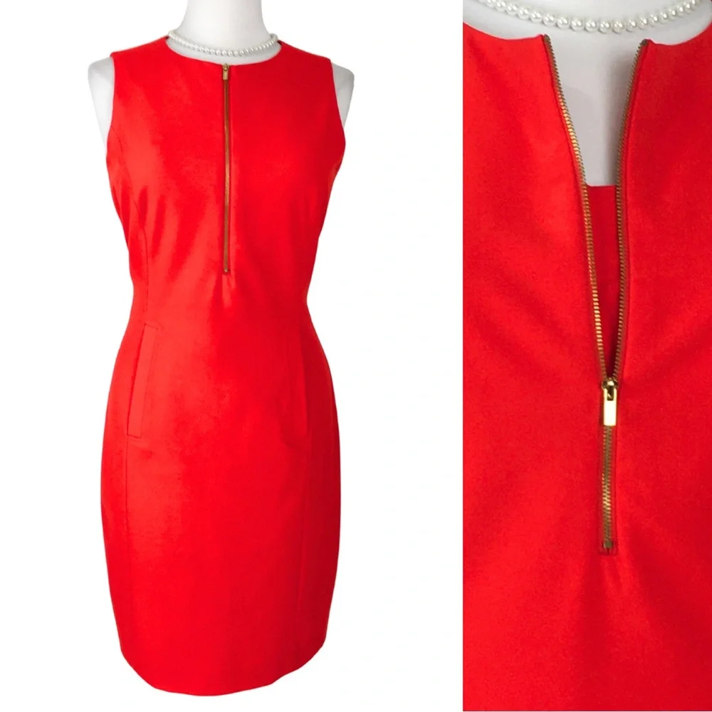 Calvin Klein Orange Red Front Zipper Sleeveless Pockets Sheath Midi Dress 10 - Picture 2 of 16
